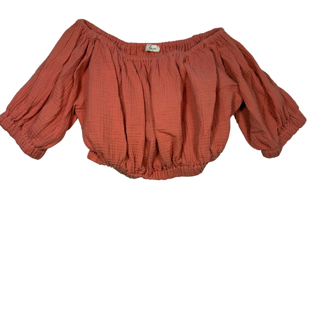 Elan Crop Top Size M Cotton Gauze Off Shoulder Puff Sleeve Coral Pink DG10609